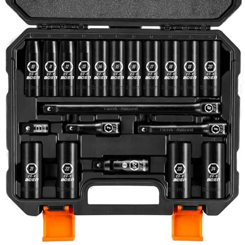 BOEN - Juego de dados métricos de impacto profundo, 1/2 pulgada, 20 piezas acero Cr-V (10 a 24 mm), con barras de extensión, junta universal y adaptador, diseño de 6 puntos, cumple con normas ANSI