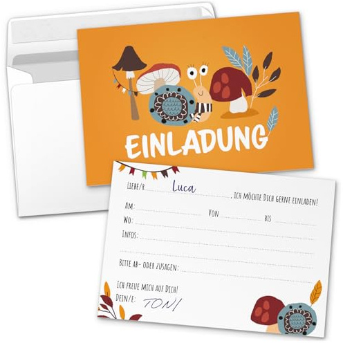 8 Einladungskarten Kindergeburtstag mit Umschlägen, Wald Schnecke Natur Orange, Karte Geburtstag Einladung zum Ausfüllen
