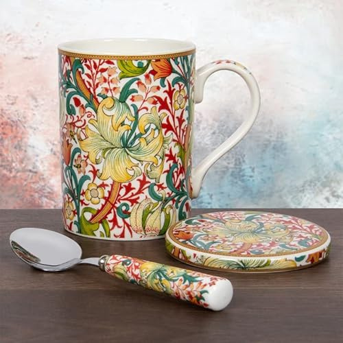 lesser and pavey LP95102 Mug, Coaster, and Spoon Set | Golden Lily design | Set of 3 Tableware, Multicolor