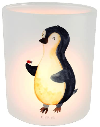 Mr. & Mrs. Panda Windlicht Pinguin Marienkäfer - Geschenk, Windlicht Glas, Freude, Lebensfreude, kleine Wunder, Glas Windlicht, Teelichthalter,
