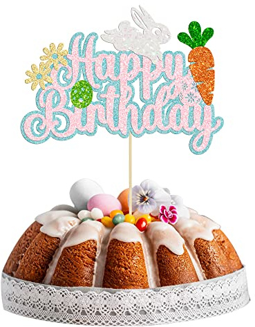 1Pc Easter Happy Birthday Cake Topper Glitter Carrot Bunny Cake Decorations Rabbit Carrot Cake Food Pick for Happy Easter Themed Baby Shower Kids Birthday Party Supplies