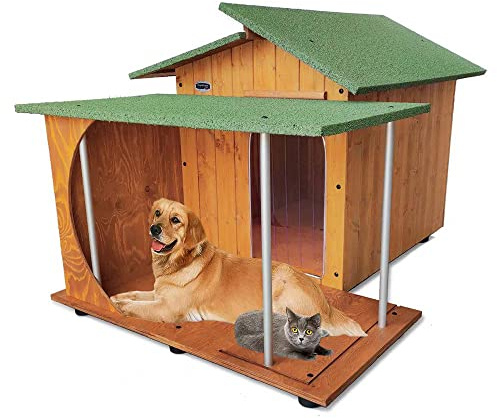 Hundehütten Hundehaus Hundehöhle mit Veranda Aus Massiv Holz Echtholz Geshenk THERMOVORHANG Made in Italy Mod. Alpi D - Deutscher Schäferhund 102x146xH95