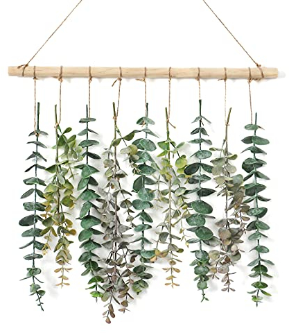 Weldomcor Artificial Eucalyptus Wall Hanging Decor Greenery Boho Chic Home Decorations Farmhouse Rustic Plants with Wooden Stick for Bedroom Living Room Apartment Ornament Gift(Green-1)