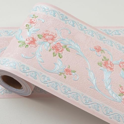 AbaBoorty Pink Flower Pattern Wallpaper Trim - 196X4.1 Self-Adhesive Wall Border Sticker Decor for Bedroom & Living Room Walls