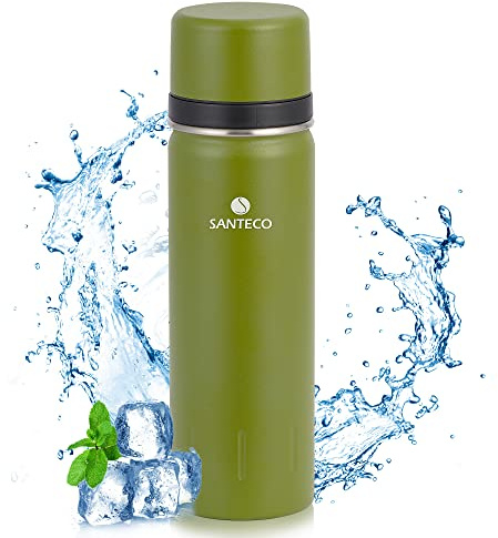 SANTECO Vacuum Flask 1L, Stainless Steel Insulated Water Bottle with 2 Cups Double Walled Travel Metal Coffee Flask for 12hrs Hot/24hrs Cold Drinks - Leakproof Lid Serves As A Cup 1000ml