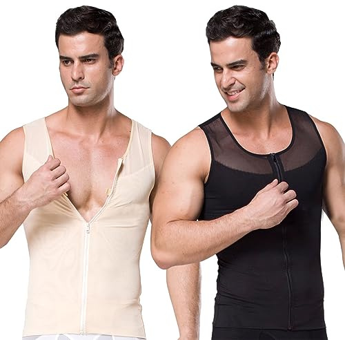 Moollyfox 2 x men's vests, shapewear, workout tank tops, body shaper, sports, stomach slimming shirt, undershirt, fine rib body shape compression shirt, muscle shirt, slimming, Black and beige, M