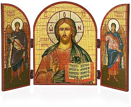 NKlaus Triptychon Jesus Ikone, christlicher Hausaltar, Holz, 1 Stück | Großer Reisealtar mit Jesus-Christus-Motiv, 25 x 16 cm; christliche Dekoration