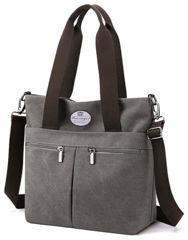HUA ANGEL Canvas Umhängetasche Damen Mittelgroß Handtasche Viele Fächer A4, 3-in-1 Organizer Tasche für Arbeit, Uni, Shopping, Passt für 13.3 Zoll Laptop, Verstellbarer Gurt, Grau