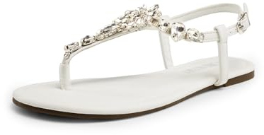 DREAM PAIRS Flat Sandals for Women Dressy Rhinestone T-Strap Thong Flat Sandals for Summers Dress Beach,Size 9.5,White,SDFS2405W