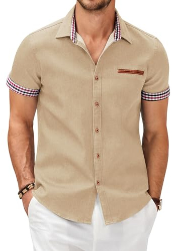 COOFANDY jeansskjorta kortärmad herrskjorta, cowboystil, knappar, t-shirt, fritid, kortärmad, denim, rutig, Kent krage, skjorta, män, normal passform, kaki, XXL