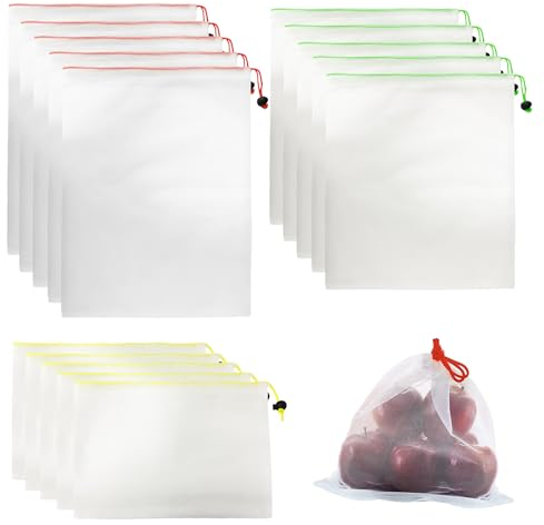 COACOM Lot de 15 sacs de rangement blancs, réutilisables, 3 tailles, en filet lavable, pour fruits et légumes, articles ménagers, voyages, etc.