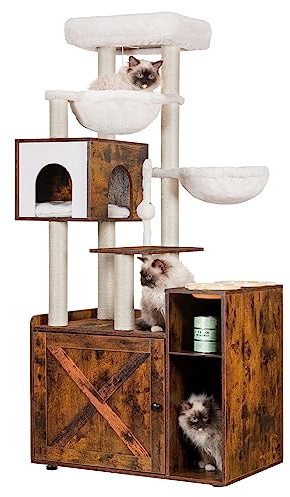 Hey-brother Kratzbaum mit Katzenklo, moderner Katzenturm für Wohnungskatzen mit großer Plattform, Futterstation und 2 Hängematten, All-in-one Katzenmöbel, Holz rustikal braun EMPJ115SR