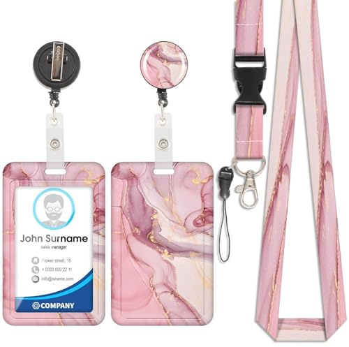 Marmor Abzeichenhalter Lanyard Set, einziehbare Kunststoff-Abzeichen, Marmor gedruckt Abzeichen mit Clip und Kordelzug Halter, vertikale Karte Schutz, Unisex