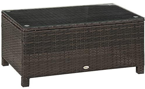 Outsunny Mesa de Jardín de Ratán Sintético Mesita Auxiliar con Vidrio Templado para Terraza Patio Balcón 85x50x39 cm Marrón