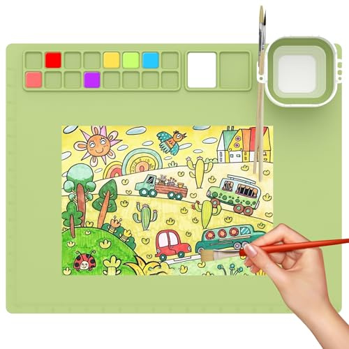 Malmatte Silikon Kinder Silicone Painting Mat 50 X 40 CM mit Pigmentbereich und Bürstenhalter Wasserbecher Mit Messskala Silikonmatte für Kunsthandwerk Bastelunterlage Silikon Kinder (Grün)