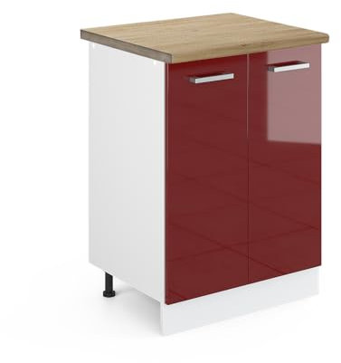 Vicco Küchenunterschrank R-Line, Rot Hochglanz, 60 cm, AP Eiche