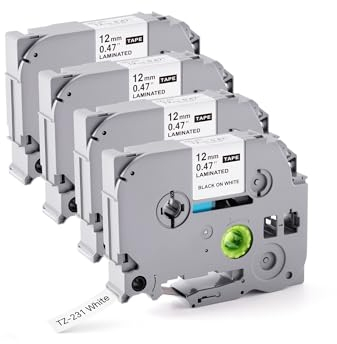 Kompatibel mit Brother P-Touch Bänder,12mm 0.47 Laminated White TZe231 Schriftbänder,für Brother Beschriftungsgerät Ptouch H110 H105 PT-P300BT, PTO-D410 PT-H107B H107B D400 PTD210 PT-E100
