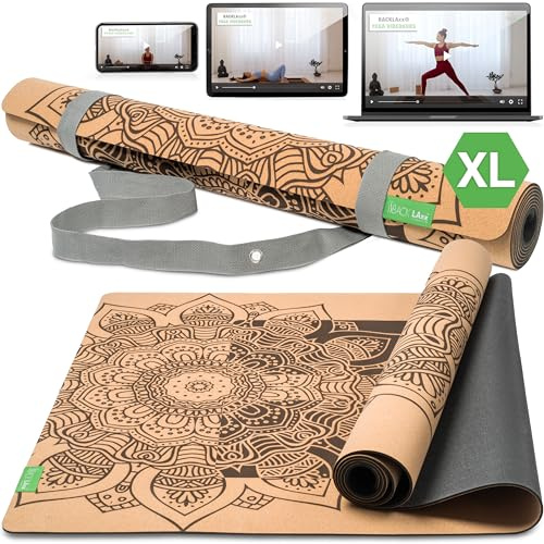 BACKLAXX® Yogamatte Kork XXL mit Naturkautschuk, rutschfeste Korkmatte | Yogamatten XXL: 50% mehr Fläche, Oberseite Kork, Naturkautschuk 4 mm, Anti-Rutsch-Zonen, rutschfest, mit Tragegurt