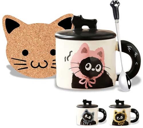 Geschenke Für Frauen Süße Katzen Tasse mit Deckel Personalisierte Geschenk für Mädchen Beste Freundin Katzenliebhaber Schwarze Katze Keramik Kaffeetasse Dankeschön Weihnachten Halloween Geschenke