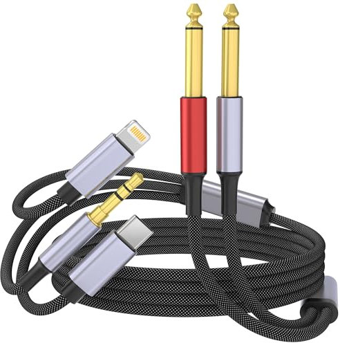 USB C 3,5mm und Lightning zu Dual 6,35mm 1/4 TS Mono Stereo Y-Kabel, 3 in 1 Dual 1/4 Zoll Audiokabel kompatibel für iPhone 15/14/13/12/iPad, Verstärker, Lautsprecher, Kopfhörer, Mischpult 2m