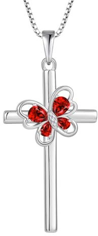 FJ Collier Croix pour Femme Argent Sterling 925 Pendentif Papillon Collier Grenat Bijoux Pierre de Naissance Janvier pour Femme