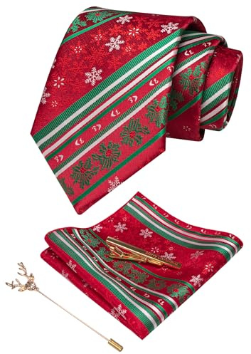 JEMYGINS Corbata de Navidad para Hombre con Diseño Woven y Pañuelo de Bolsillo - Set de Corbata para Fiestas Copo de nieve rayado verde rojo