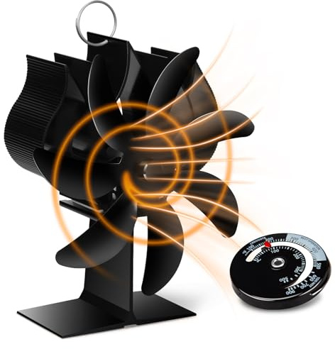 Fwiull Ventilatore per Stufa a Legna, Ventola Stufa Legna con 7 Pale,Ventilatore per Camino con Termometro,Ecologico Silenzioso Senza Elettricità Alimentato Calore, Ventola Stufa per Gas/Pellet/Legna