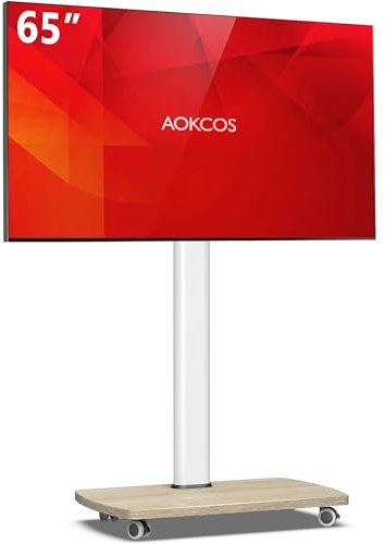 AOKCOS Rolling TV Mount Stand Portable Mobile TV Stand on Wheels for 32-65 Inch TV, 8 Level Height Adjustable, 12°Tilt & 60°Swivel Outdoor TV Stand, Holds up to 88Lbs,White
