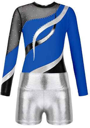 EKalgretrA Gymnastikanzug Mädchen Tanzset for Mädchen, langärmeliger Gymnastikanzug mit metallischen Shorts for Eiskunstlauf, Akrobatik, Overalls, Tanzbekleidung(Blue,8Y)