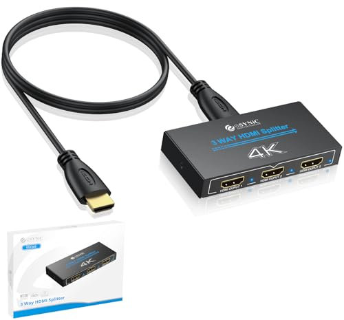 eSynic HDMI Splitter 1 In 3 Out 4K@30HZ 3D con 1m Cavo HDMI, 3 Vie Splitter HDMI Supporta HDCP 1.4 Bypass, 1X3 Sdoppiatore con Involucro in Metallo per Fire Stick Console Blu-ray