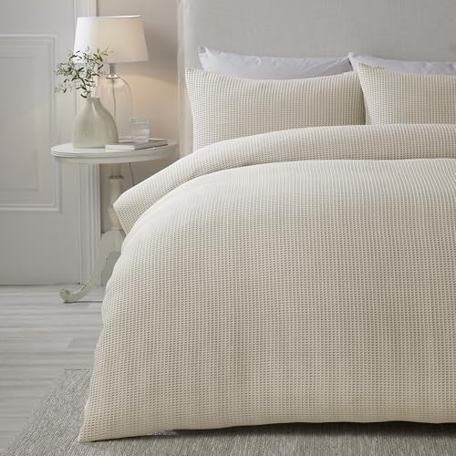 Lindly Collection - Serene Natural Waffle Duvet Cover - Single Size (140 x 200cm) - Soft Touch - Luxury Bedding - Cream Natural - Grid Pattern Textured Duvet Cover