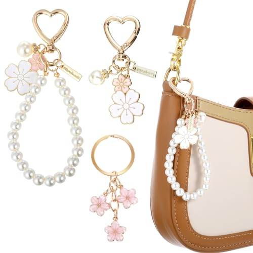 Ouligay 3 Pièces Porte-clés Fleur Femmes Perles de Fleur de Cerisier Porte-clés pour Femmes Rose Charms de Sac Porte-clés pour Sac à Main Porte-clés de Voiture Porte-clés de Poche Porte-clés