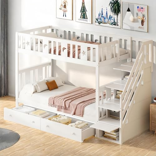 Letto a castello in legno massello 90x200 con due cassetti e scaletta contenitore,Può essere diviso in due letto per bambini,struttura letto con parapetto di sicurezza e rete a doghe (bianco-1)