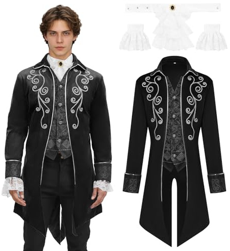 JDFAIJEAL - Cappotto da uomo in stile medievale steampunk, frac vintage vittoriano gotico, costume per Halloween pirata vampiro cosplay (Nero, XXL)