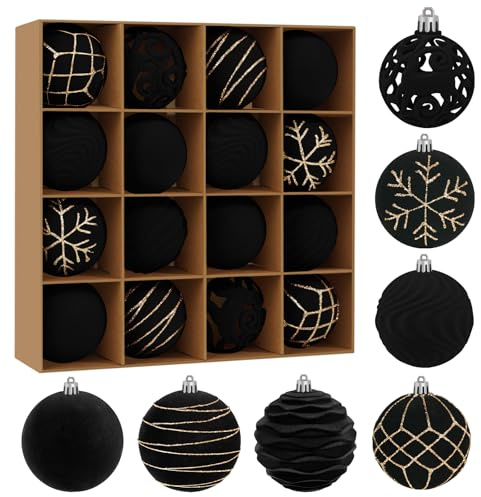 Miaikoe 16pcs Samt Weihnachts Ornamente Kugeln Sets für Weihnachten, Kunststoff zerstörungsdicht Weihnachtsbaum Flocked 6 cm Ornamente Kugeln für Winter Urlaub Dekor (schwarz)