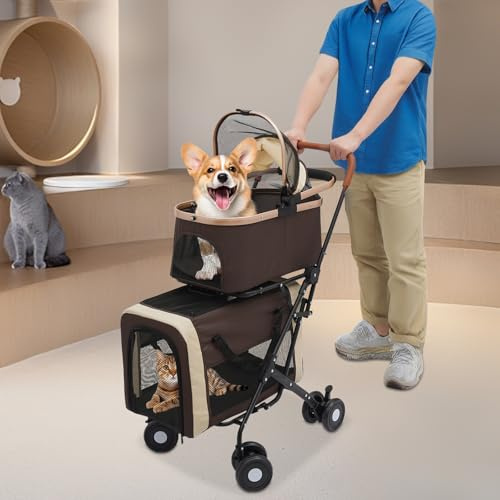 Apriltop 46x58x97cm Hundewagen für 2 Hunde, 2 Ebenen Faltbarer Katzenwagen, Haustierwagen bis 35 Kg mit Aufbewahrungstasche und 0-180 Grad Verstellbarer Griff, für Reisen, Einkaufen (Kaffeefarbe)