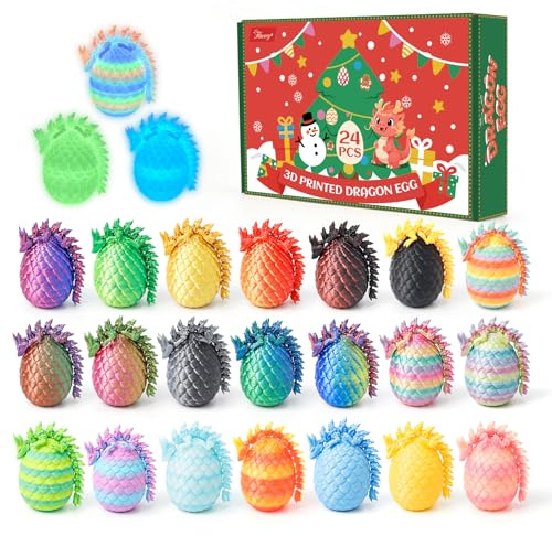 Flavery 3D Printed Dragon Eggs - 24 PCS Mini 3D Printed Toys, Easter Basket Stuffers, Flexible Dragon Inside, Cute Christmas, Birthday Gift, Collectibles for Adults&Teens, Cute Desk Pets (Multicolor)