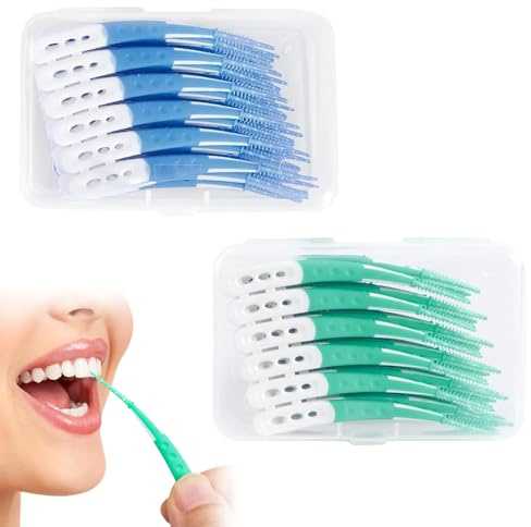 Gummi Zahnsticks, Gebogene Form, 120 Stück, Blau, Grün | Sanfte Silikon Interdentalbürsten, Für Zahnzwischenräume, Wiederbefüllbar, Zahnstocher-Ersatz