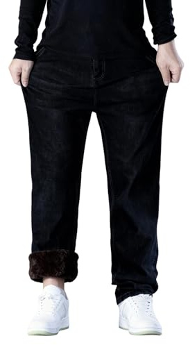 Termojeans herr, vinterbyxor herr fodrade, termojeans vinter arbetsbyxor oversize fleece jeans med fickor denim byxor raka ben jeans stretch män fritidsbyxor, svart, L