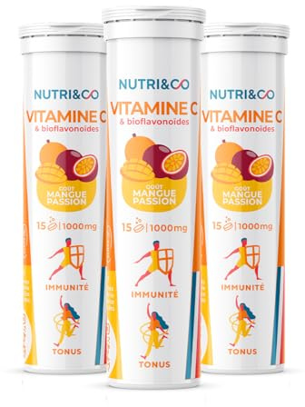 NUTRI&CO Vitamine C 1000mg & Bioflavonoïdes | Lot de 3 x 15 Mangue-Passion | 100% Pure & Clean | 45 comprimés effervescents | Vegan