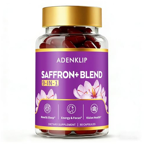 ADENKLIP Saffron Supplements – 9-in-1 Blend, Organic Saffron Extract with Ashwagandha, Magnesium Glycinate, L-Theanine, Turmeric & Passionflower for Mood, Focus & Energy Support - Non-GMO, 60 Capsules