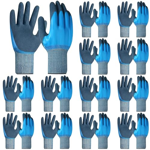 XJGQZ 12 Pairs Waterproof Work Gloves, Double-Coated Non-Slip Safety Grips | Double Latex Coating for Liquid Protection; Secure Grip; Comfortable XL Fit; Ideal for Gardening, Cleaning, Fishing