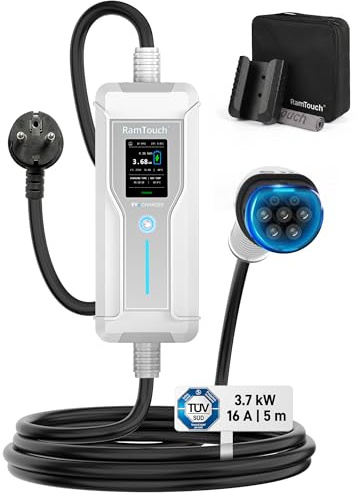 RamTouch Chargeur Voiture Électrique (3,7 KW, 6–16 A, 5 m, IP67) | Schuko vers Type 2 | Câble de Recharge Mode 2 Réglable avec Minuteur Intelligent et Écran LCD, RCD AC/DC Intégré pour EV & PHEV