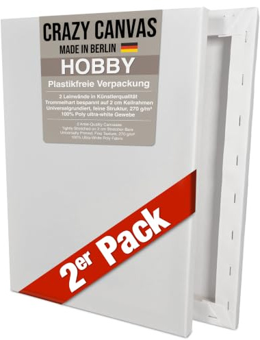 CRAZY CANVAS Leinwand zum Bemalen HOBBY 80x120 cm, 2er Pack | Universal grundierte Leinwand auf Keilrahmen - feine Struktur, 270 g/m² - Premium Kunstbedarf Made in Berlin