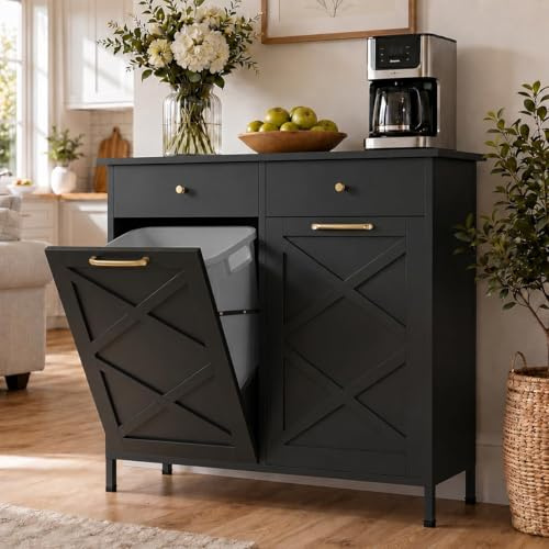 YODOLLA Armoire à poubelle, double armoire de cuisine pliable avec plan de travail, îlot de cuisine autonome avec 2 tiroirs, armoire à déchets cachée, commode de cuisine pour cuisine et salon