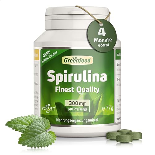 Spirulina, 300 mg, hochdosiert, 240 Presslinge - OHNE künstliche Zusätze | Luftgetrocknet, Natürliches Superfood, Chlorophyll, Laborgeprüft, Ohne Gentechnik, Glutenfrei, Laktosefrei, Halal, Vegan
