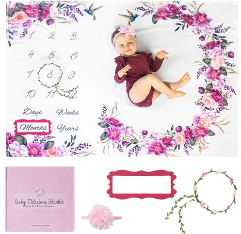 Bliss n' Baby Monthly Milestone Blanket for Baby Girl - 60x40 - Wrinkle Free Baby Age Month Blanket with Growth Chart - Washable & Dryable - w/Wreath & Headband - Floral Theme