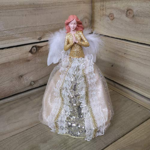 Premier 26 cm Weihnachtsbaumspitze mit goldenem Glitzerkleid und weißen Federflügeln