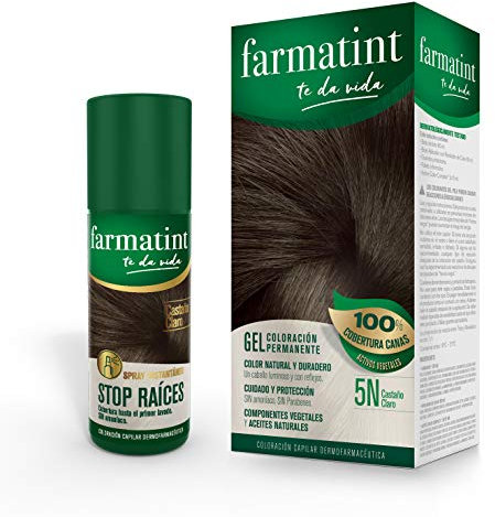 farmatint Tinte 5N + Stop Raíces, Color natural y duradero, Componentes vegetales y aceites naturales, Sin amoníaco, Dermatológicamente testado, Castaño, 1 Unidad (Paquete de 1),