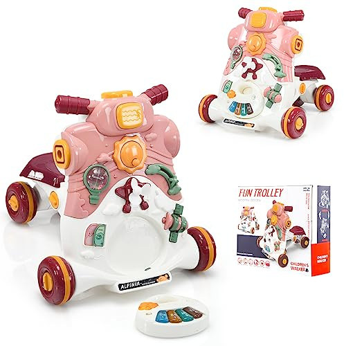 COSTWAY 3 in 1 Lauflernwagen mit Lichtern und Musik, Lauflernhilfe & Rutschauto & Spielbrett, Baby Walker für Baby von 6 bis 36 Monaten, Gehfrei 46 x 46 x 46cm (Rosa)